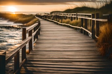 Fototapeta premium wooden pier at sunset, Boardwalk stock photo