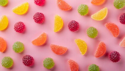 colorful gummy candies pattern on a pink background soft gums in fruit shapes viewed from above...