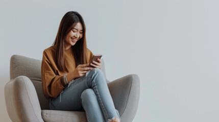 Fototapeta premium Woman is sitting comfortably in a chair, smiling and looking at her smartphone