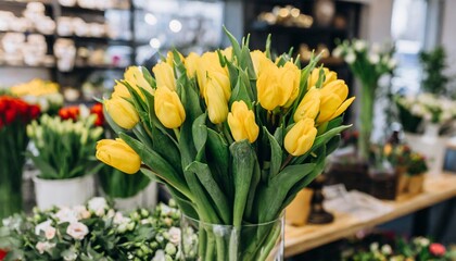 a bouquet of yellow tulips stands in a glass vase in a flower shop