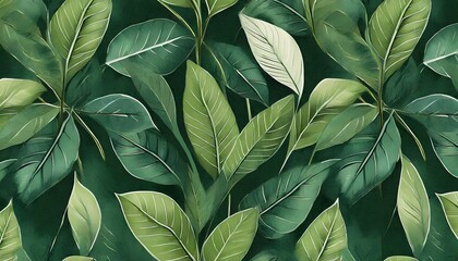 luxury texture premium wallpaper mural seamless pattern green tropical leaves dark background 3d...