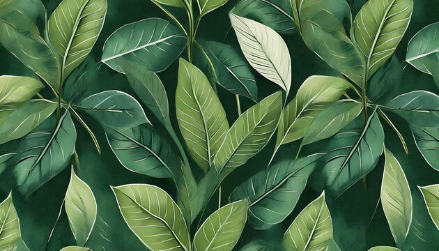 luxury texture premium wallpaper mural seamless pattern green tropical leaves dark background 3d illustration watercolor technique digital wall art paper cloth fabric printing interiors
