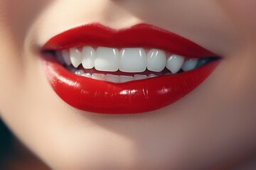 A young attractive woman with red lips painted with lipstick smiles a snow-white smile with perfectly even, clean and healthy teeth. Close-up view. Advertising of a dental clinic. Generative AI.