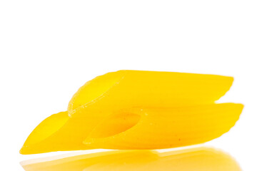 Uncooked pasta, penne, macro, isolated on white background.