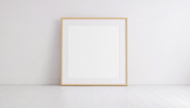 square frame with poster mockup standing on the white floor front view 3d rendering