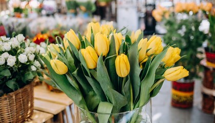 a bouquet of yellow tulips stands in a glass vase in a flower shop