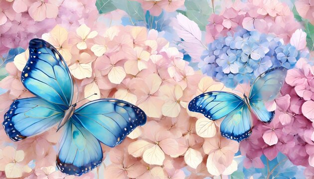 big blue butterflies hydrangea flowers bouquets in delicate pastel rose pink beige purple colors tropical hd wallpaper luxury mural premium texture watercolor 3d illustration high quality art