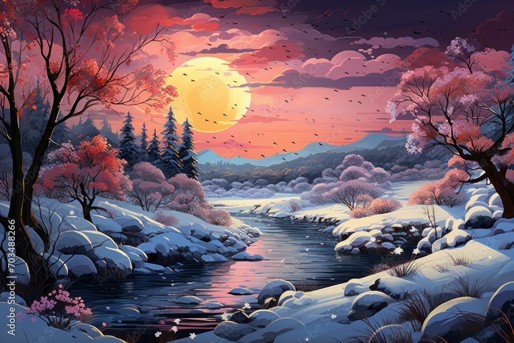 Wall mural Snowy Evening Landscapes - Generative AI