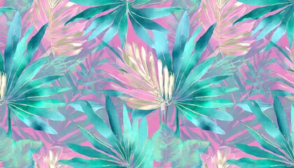 shiny tropical leaves pastel colored in turquoise mint purple pink rose gold blue watercolor 3d...