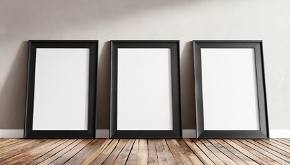 three black frames mockup with poster canvas standing on wooden floor 3d rendering