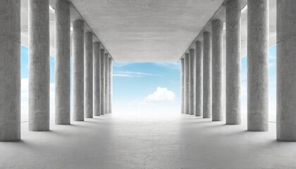 abstract empty modern concrete room with rows of pillars ceiling sky opening in the center and rough floor industrial interior background template - Powered by Adobe