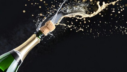 champagne bottle with cork flying with splashing liquid on black