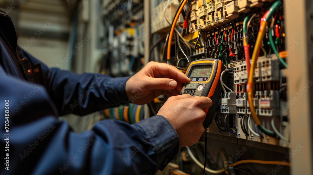 Poster a technician in professional attire is carefully using a digital multimeter to check or troubleshoot