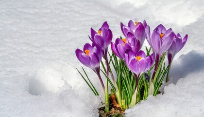 purple crocus flowers bloom in spring breaking through the snow