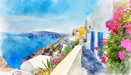 watercolor painting depicting the idyllic streets of santorini greece with provence inspired...