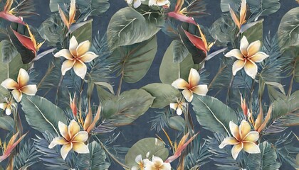 tropical seamless pattern with exotic leaves strelitzia flowers hibiscus and plumeria vintage texture floral background dark watercolor 3d illustration for luxury wallpapers tapestry mural - obrazy, fototapety, plakaty