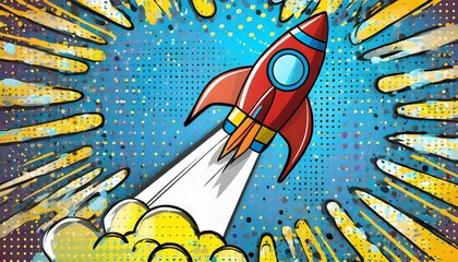 comic style rocket launch with vibrant pop art background