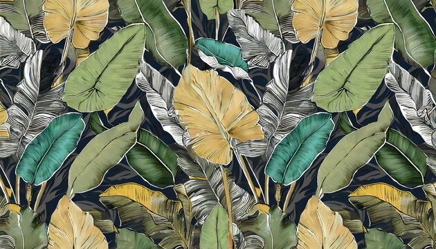 tropical exotic seamless pattern with color vintage banana leaves palm and colocasia hand drawn 3d illustration good for production wallpapers cloth fabric printing goods