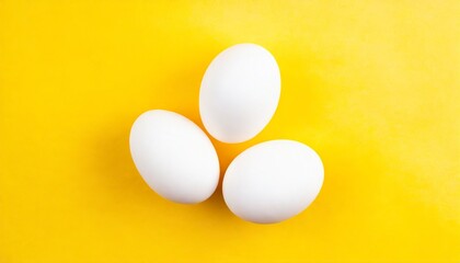 three white eggs on a yellow background top view