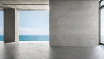 abstract empty modern concrete room with balcony opening on the left wall with ocean view opening on the right and rough floor industrial interior background template