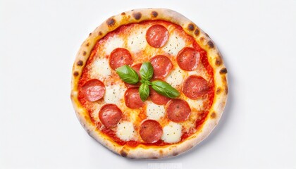 pizza fresh italian margherita with salami basil and tomato isolated on white background top view - obrazy, fototapety, plakaty