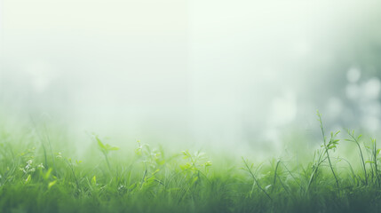 Fototapeta na wymiar Imagen minimalista con cesped en primer plano y fondo desenfocado de un bosque en primavera 