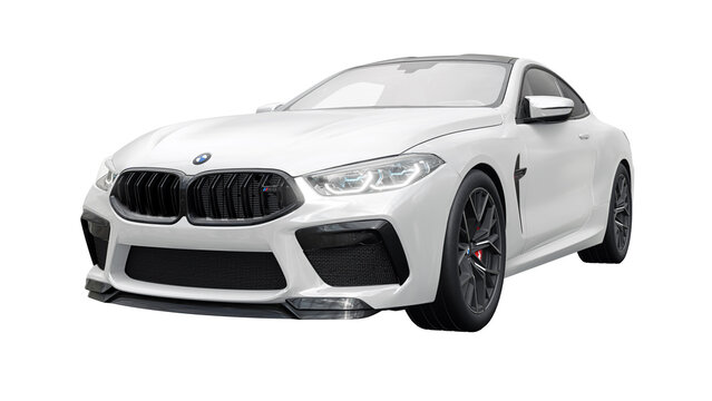 Germany, Berlin. December 10, 2023. BMW M8 2021. Large white ultra sports coupe GT executive class on a white background. 3d rendering.