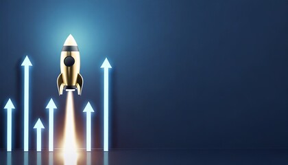 illuminated rocket symbolizing business growth with upward arrows on a deep blue backdrop startup and progress concept 3d rendering