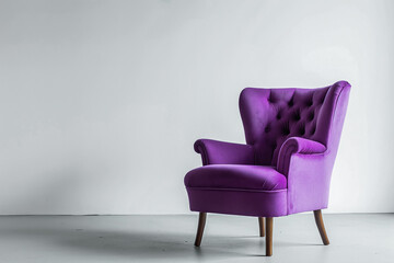 Purple armchair on empty white wall room