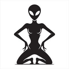 Alien vector silhouette illustration black color, Alien pose vector art, isolated white background