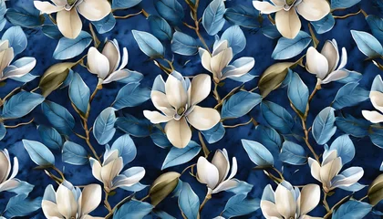 Tuinposter premium wallpaper mural art floral seamless pattern magnolia flowers tropical design in dark blue colors watercolor 3d illustration baroque style digital paper modern background texture © Florence
