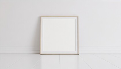 square frame with poster mockup standing on the white floor front view 3d rendering