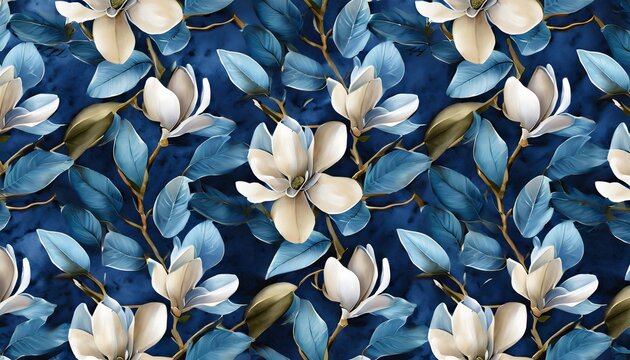 Fototapeta premium wallpaper mural art floral seamless pattern magnolia flowers tropical design in dark blue colors watercolor 3d illustration baroque style digital paper modern background texture