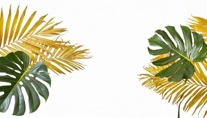 monstera deliciosa and yellow palm tropical leaves isolated on white background