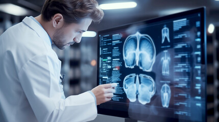 Young Male Doctor Explaining Patient's Brain X-Ray on Digital Monitor