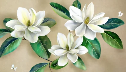 Fotobehang big white magnolia flowers on beige background green leaves beautiful tropical butterflies watercolour 3d illustration hand drawn digital paper luxury wallpaper premium mural cloth textile © Florence