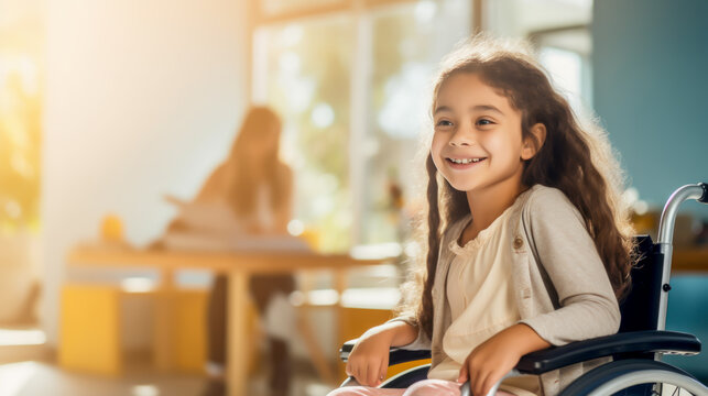Disabled cute smiling schoolgirl sits in wheelchair in classroom at elementary school. Concept of inclusiveness of children's education at school