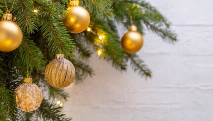 golden christmas balls on a fir branch close up with copy space