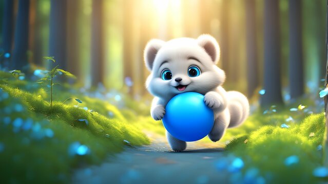 Cute adorable fluffy happy 3d blue ball animal running through a magical forest having fun.