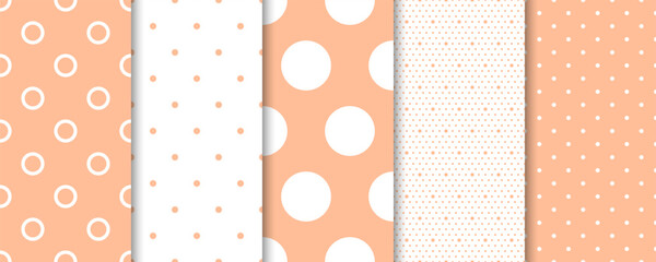 Polka Dot Peach Fuzz color vector seamless pattern collection. Trending color of 2024 year.