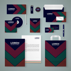 Dark blue stationery template design with orange, green and red lines.Set of business corporate identity mock up. Documentation for business.
