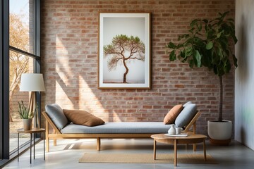 A living room with a brick wall and a large framed photo of a tree