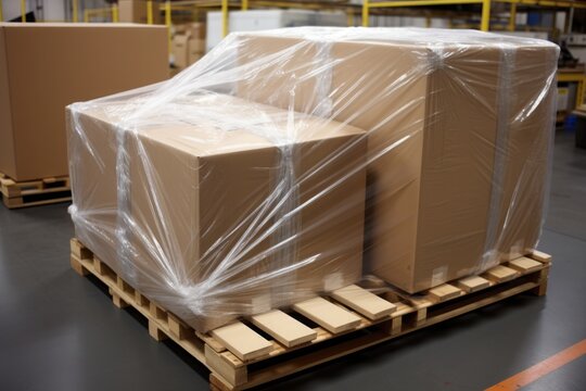 Neatly packed pallet of boxes wrapped in plastic prepared for transportation