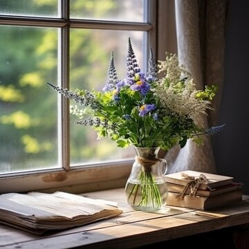 Still life with flowers by the window