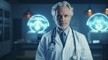Senior Male Doctor with Serious Expression in Clinical Setting, Professional Editorial