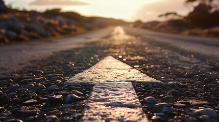 An asphalt road stretches into the distance with a painted white arrow pointing forward, symbolizing motivation, progress, and the concept of continuous growth and forward movement. - obrazy, fototapety, plakaty