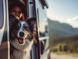 Portrait of smiling young woman hugging her dog in the camper van