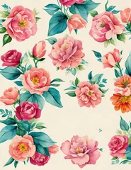 Behang Fantasy Watercolor Rose Floral Clipart - Collection of Soft Pastel Colors © tirlik