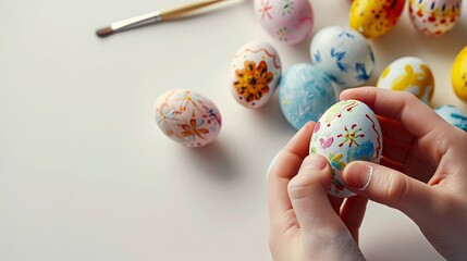 happy little kid using painting brushes to decorate Easter eggs, close up with copy space. - Powered by Adobe