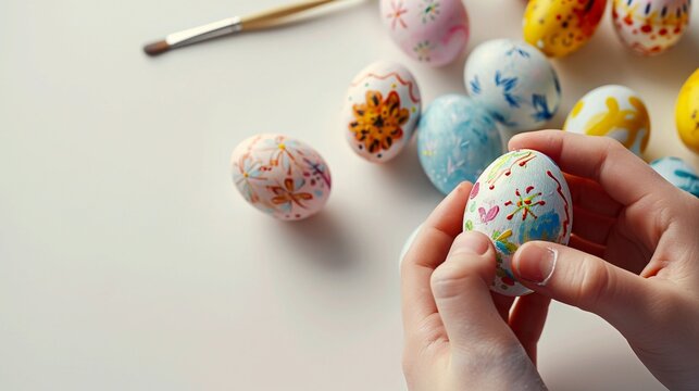 happy little kid using painting brushes to decorate Easter eggs, close up with copy space.
